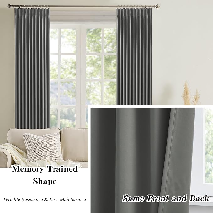 KEQIAOSUOCAI Blackout Pinch Pleated Curtains 90 Inches Long, Privacy Window Drapes for Living Room/Dining Room/Bedroom, 72 Inch Wide x 90 Inch Long,Grey Color, Pleat with Hooks, 2 Panels