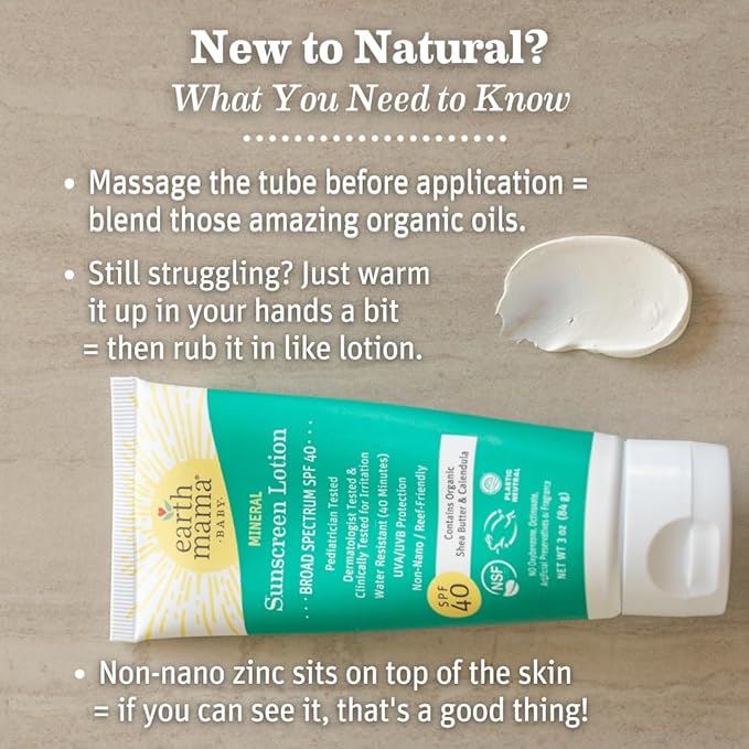 Earth Mama Baby Mineral Sunscreen Lotion SPF 40 | Non-Nano Zinc, Natural Water Resistant Sun Cream for Babies, Kids & Adults, 3-Ounce (2-Pack)