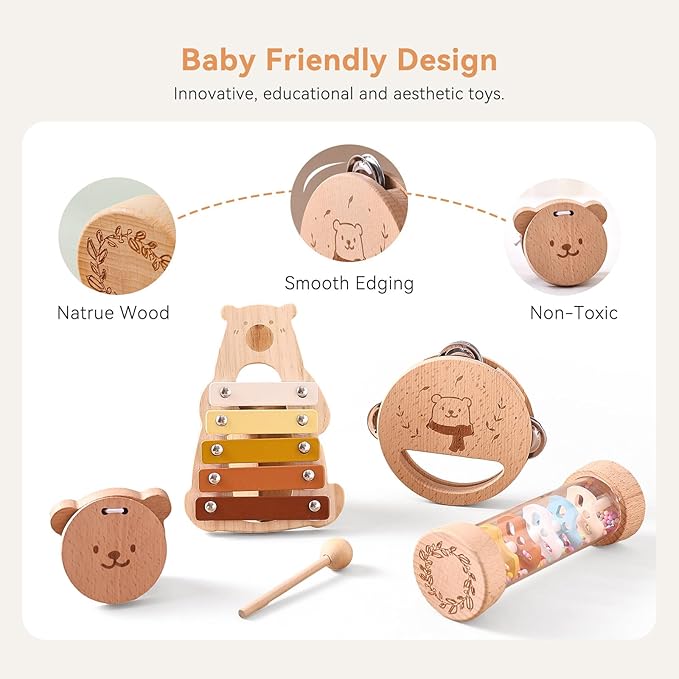 IEATFO Baby Musical Instruments - Your Child's First Musical Toys with Castanet Rainmaker Tambourine Xylophone - Baby Friendly Design Wooden Instruments Set Grow with Your Boys and Girls