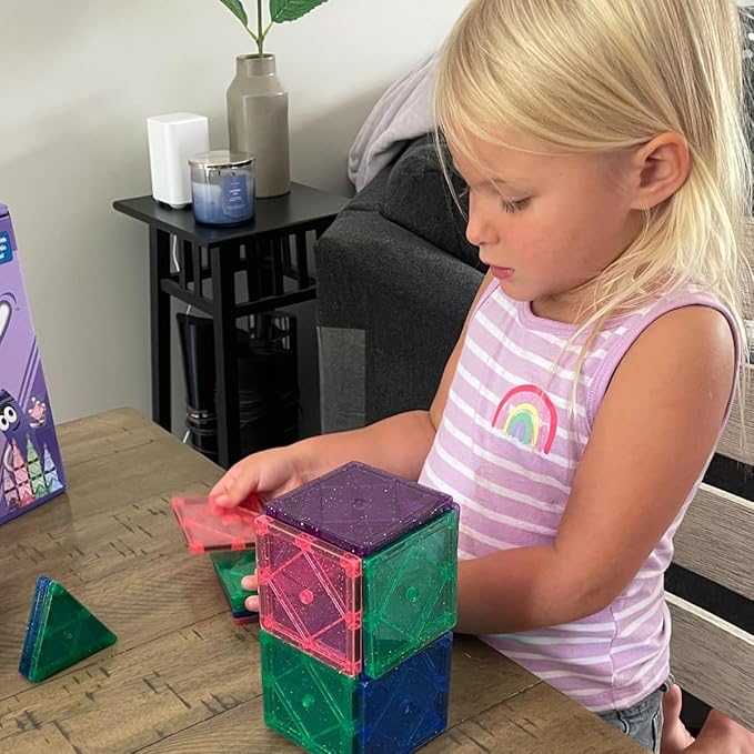 CreateOn Crayola Glitter Magnetic Tiles, Building Set for Kids, Magnetic Tiles, Kids’ Building Toys, STEM & Montessori Toys for Boys and Girls Ages 3+, 24-Piece Set (Glitter)