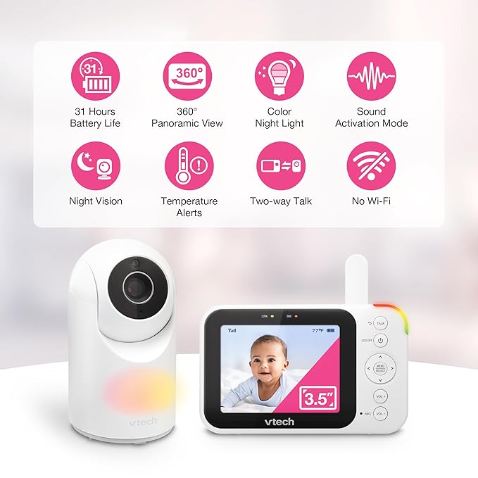 VTech Video Baby Monitor with Camera and Audio, 3.5" LCD Screen, Pan-Tilt-Zoom, 2-Way Talk, VOX Mode, Night Light, Lullabies, Soothing Sounds, Temperature Sensor, Long Range, No WiFi: VM4263 (White)
