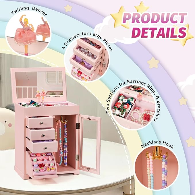 Miratino Jewelry Box for Girls, Kids Jewelry Box with Spinning Dancer, 5 Layer Large Wooden Musical Jewelry Organizer Box Gifts for Little Girls Christmas New Year Birthday Children's Day(Pink)