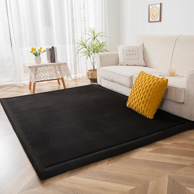 MAXYOYO Black Coral Velvet Area Rug, Thick Japanese Tatami Mat Living Room Carpet with Non-Slip Backing, Large Solid Color Mat for Bedroom Dormitory Yoga, 78 by 118 inch