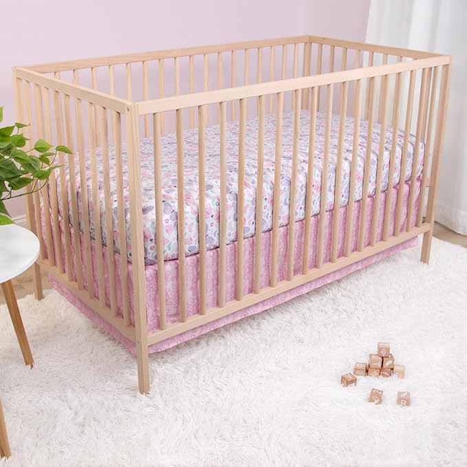 The Peanutshell 3 Piece Baby Crib Bedding Set for Girls - Newborn, Infant & Toddler Nursery Bed Set Decor with Fitted Crib Sheet, Dust Ruffle Comforter - Butterfly Song