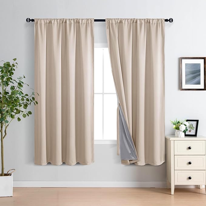 XWZO 100% Blackout Curtains for Bedroom, Thermal Insulated Black Liner, Noise Reducing and Heat Blocking Drapes for Hall and Studio Windows with Tiebacks, Biscotti Beige, W60 x L63, Set of 2