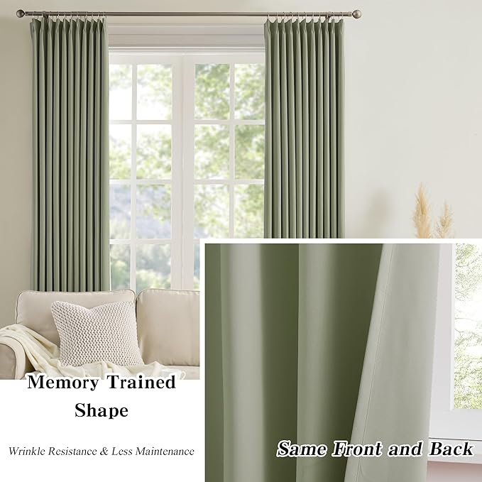 KEQIAOSUOCAI Sage Green Blackout Curtains Pinch Pleat 84 Inches Long Thermal Insulated Black Out Drapery for Bedroom Light Blocking Window Covering Darkening Drapes for Living Room 40x84 2 Pieces