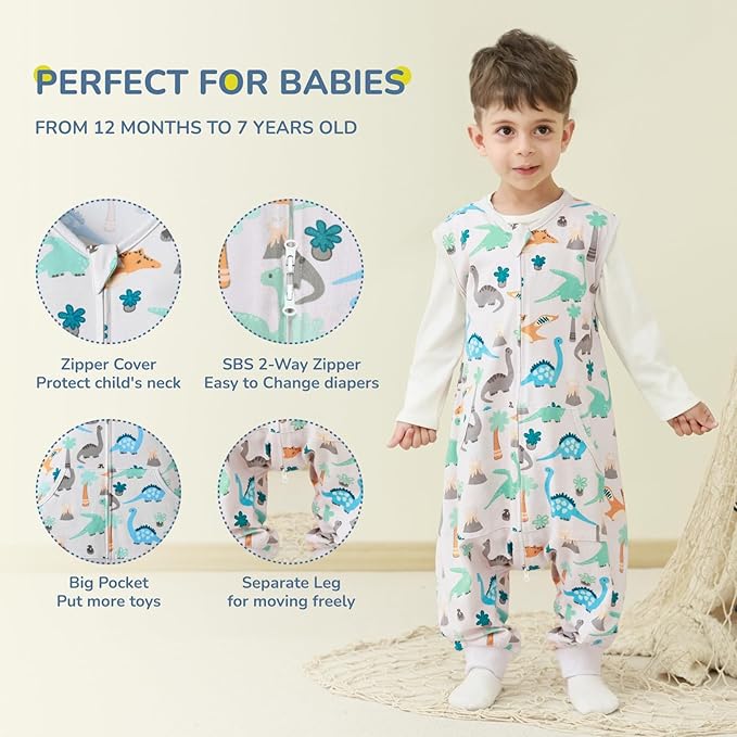Baby Toddler Sleep Sack with Feet 2.5 TOG Winter, Wearable Blanket with Legs, Toddler Sleeping Sack Long Sleeve (Dinosaur, 12M-2T)
