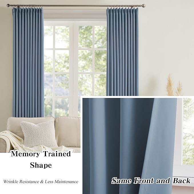 KEQIAOSUOCAI Dusty/Stone/Slate Blue Pleated Blackout Curtains 84 Inch Drop 2 Panels, Heat and Full Light Blocking Thermal Insulated Drapes for Bedroom Pinch Pleat with Hooks,40" W x 84" L