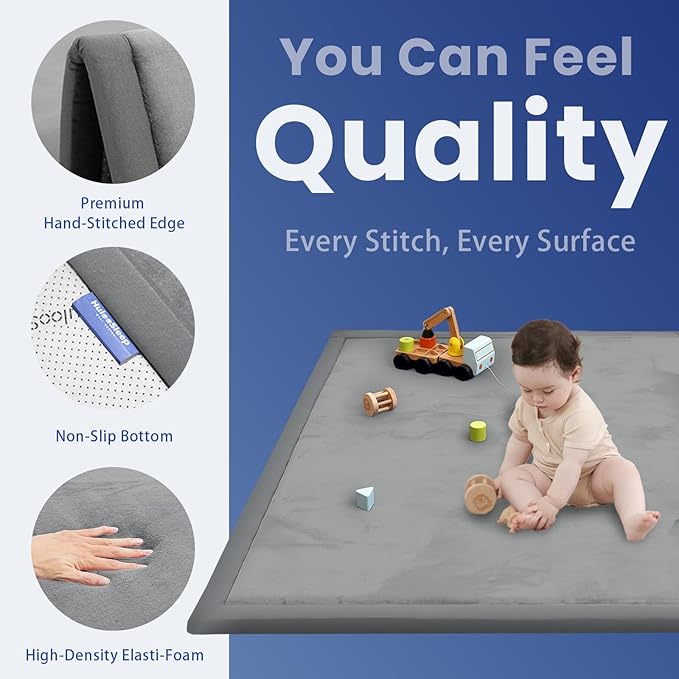 Ultra Soft Baby Play Mat for Floor,1.3" Thick Elasti-Foam 50x50 Playpen Mat for Toddlers Infant kids,Water-Repellent Coral Velvet for Tummy Time,Non-Slip Backing Safe for Crawling,Tatami Style (Dark Grey)