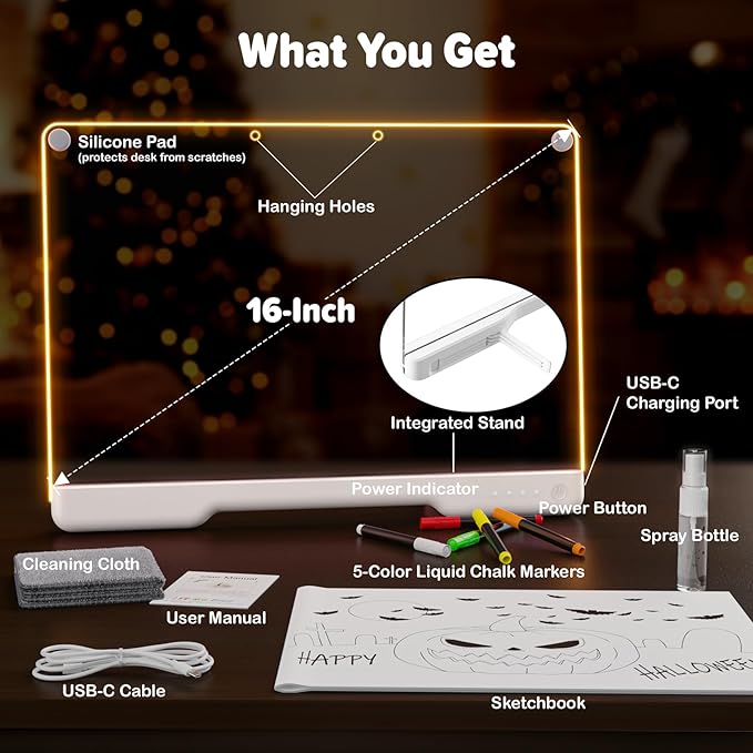 16-Inch Rechargeable Doodle Glow LED Note Board, 7-Color Light Modes, Neon Art Dry Erase Light Up Drawing Pad with Built-in Stand, Sketching Gift Toy for Kids/Girls/Teens, 5 Markers & Tracing Book
