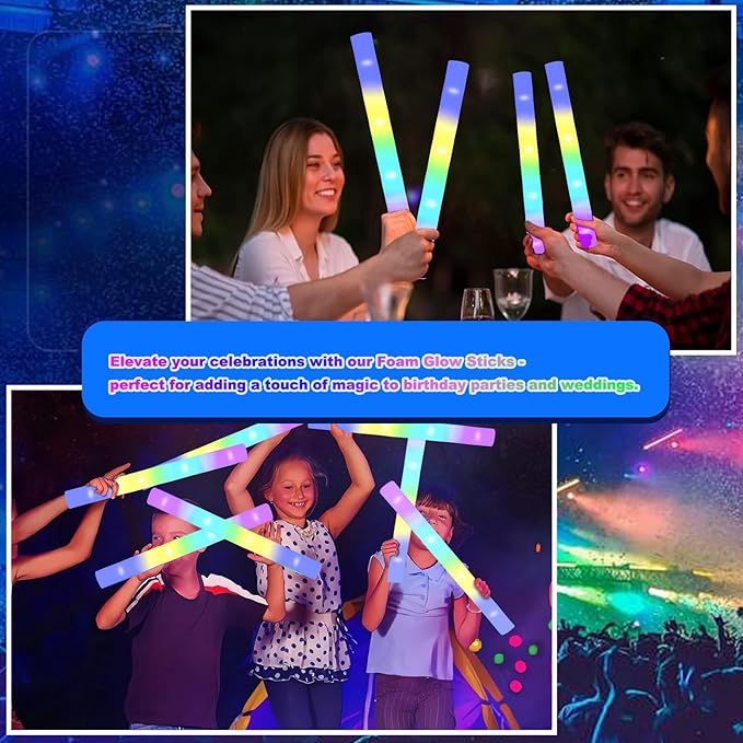 100-Count Foam Glow Sticks Party Pack - 4 Colors, Steady Bright Light Up Sticks for Weddings, Birthdays, Christmas, Halloween | Foam Glow Sticks Bulk Reusable, 6-Hr Glow, Eco-Friendly Foam