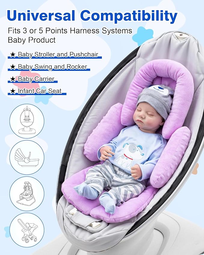 Infant Car Seat Insert with Shoulder Pads & Crocth Covers, Ultra Thick Carseat Head Support for Infant, Reversible Car Seat Insert for Newborn, Baby Car Seat Cushion for Stroller, Swing, Bouncer