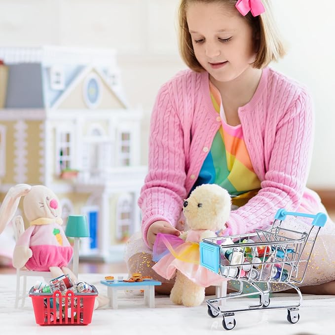 134pcs Mini Shopping Cart Basket Miniature Food Drink Bottle Supermarket Metal Handcart Toys Doll House Store Cosplay Game Dollhouse Grocery Fruit Cake Bread Party Trolley Model Dollar Bills