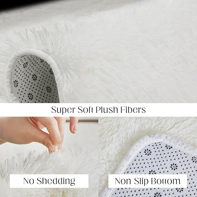 6x9 White Area Rugs for Living Room, Fluffy Shaggy Rug for Bedroom, Anti-Skid High Pile Indoor Carpet for Nursery, Kids Room, Bedside, Home Decor