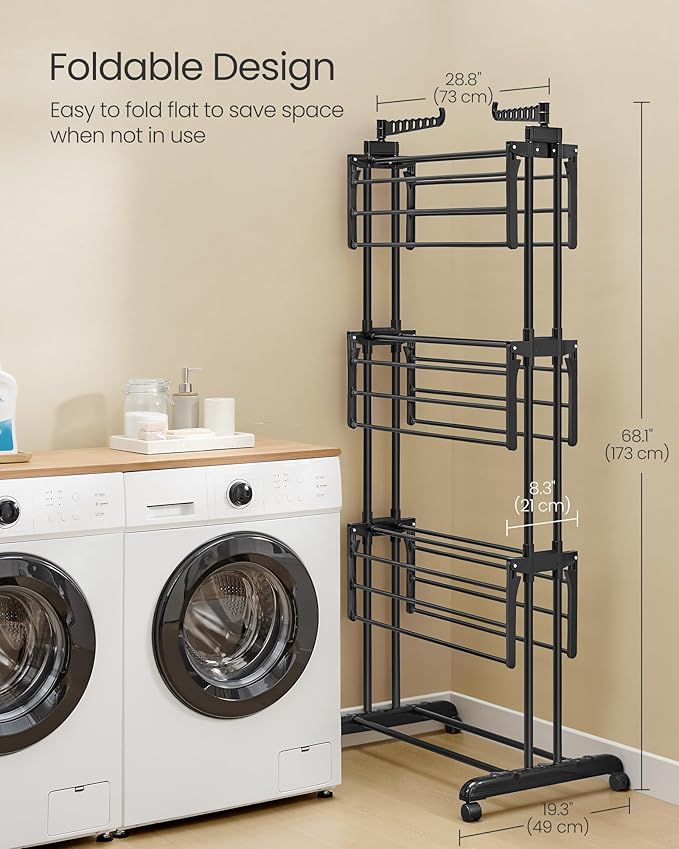 SONGMICS Clothes Drying Rack Stand 4-Tier, Foldable Laundry Drying Rack 68.1-Inch Tall, Stainless Steel, Rolling Clothes Horses Dryer Rack, Easy to Assemble, Indoor Outdoor Use, Ink Black ULLR701B01