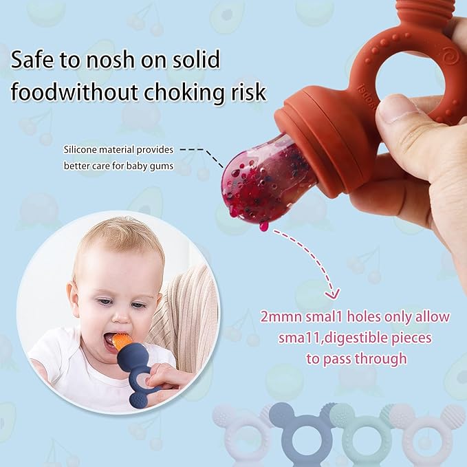 Baby Fruit Feeder, Frozen Teething Toys, Infants Teether Pacifier with 3 Extra Teats, Toddler Eating Essentials, BPA Free Feeding Supplies (Steel Blue)