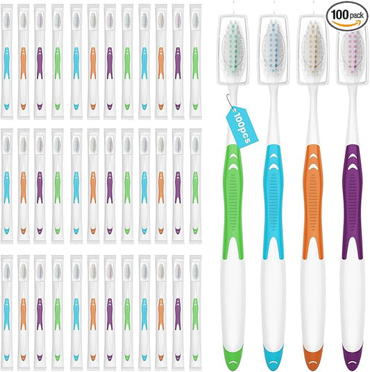 100 Bulk Toothbrushes Pack with Covers, Individually Wrapped Toothbrushes for Adults & Kids, Disposable Toothbrush for Travel, Donations, Hotels, Medium Soft Toothbrushes with Hygienic Cap