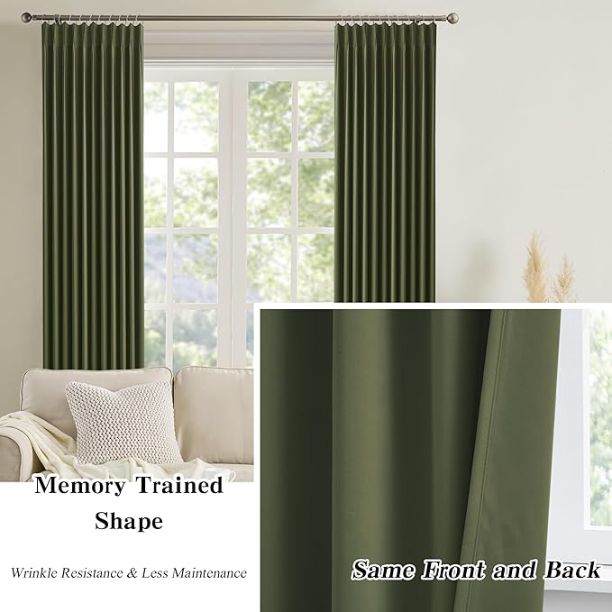 KEQIAOSUOCAI Olive Pinch Pleated Curtains 108 Inches Long, Blackout Energy Saving Curtain for Living Dining Room Light Blocking Window Draperies(Dark Olive,40x108,2 Panels)