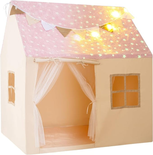INFANS Kids Play Tent with Glow in The DarkWashable Mat Star Light Windows, Anti-Trip Large Playhouse Toys for Children Boys Girls, Indoor Outdoor Princess Tents Castle for Toddlers (Fluorescent Pink)