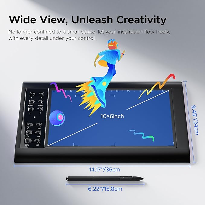 Graphic Drawing Tablet, ienRon 10x6.25 Inch,Digital Graphics Tablets for PC and Computer/Pad- 8192 Pressure Battery-Free Pen, 12 Hot Keys, Compatible Windows/Android, Includes Stand,Good Gifts,Black
