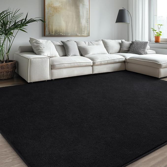 Kimicole 7x10 Washable Area Rugs for Living Room Bedroom, Large Low Pile Ulta-Thin Solid Color Rug, Non-Slip Soft Fluffy Carpet for Nursery Kids Room Dorm Room Home Decor (Black)