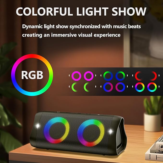 DONOW Portable Bluetooth Speaker with Lights, 30W Stereo Sound, Bass Boost, IPX5 Waterproof, 20H Playtime, Built-in Mic, Speakers Bluetooth Wireless for Home, Party, Outdoor, Travel(Black)