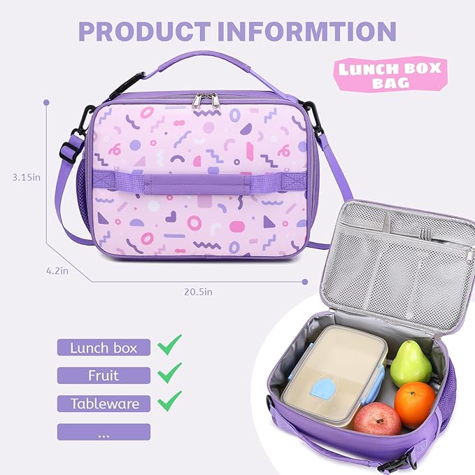 mygreen 3PCS Kids Backpack Set - Waterproof Bookbag with Lunch Box for Girls Ages 3-12, Adorable Cartoon Prints for School & Outdoor Use Purple