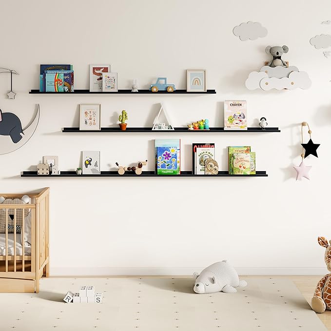 Floating Picture Ledge Shelves for Wall Set of 2, 55 Inches Picture Shelf with Ledge, Nursery Book Shelf for Toys Storage Kids Bookshelf Wall Mounted Living Room Bedroom Decor Frames, Black