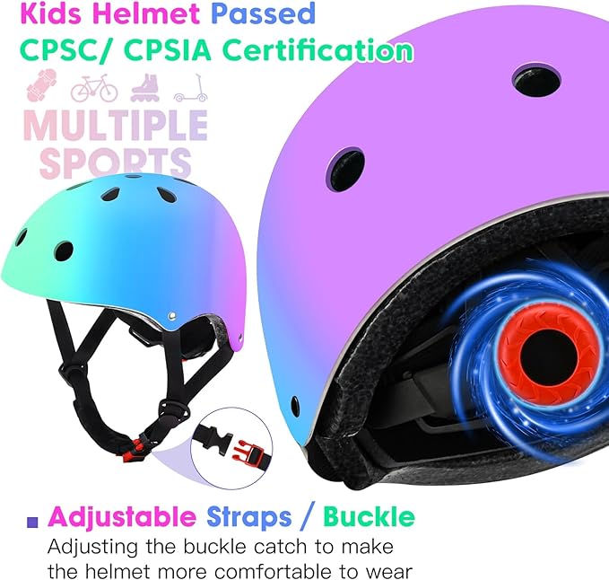 Color Gradient Adjustable Kids Bike Helmet Toddler Skateboard Helmets Boys Girls Child Ventilation Helmet for Multi-Sports Skating Cycling Scooter Balance
