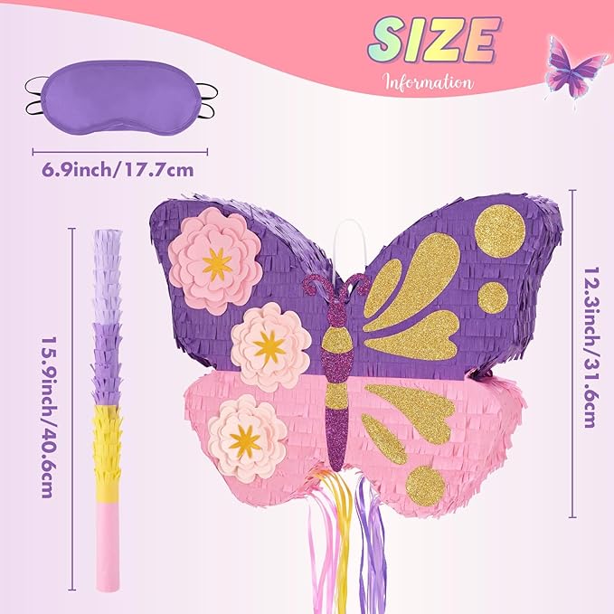 WERNNSAI Butterfly Piñata - Butterfly Birthday Party Supplies Pinata with Stick and Blindfold for Girls Kids Pull String Piñata Family Games Classroom Birthday Party Decorations 16.4” x 12.4”