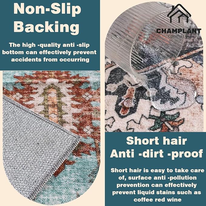 Area Washable Rug 5'x7' Red Blue Washable Vintage Traditional Floor Cover Thin Rug Retro Kitchen Indoor Distressed Non Slip Carpet Floral Print Mat Living Room Bedroom Dining Room