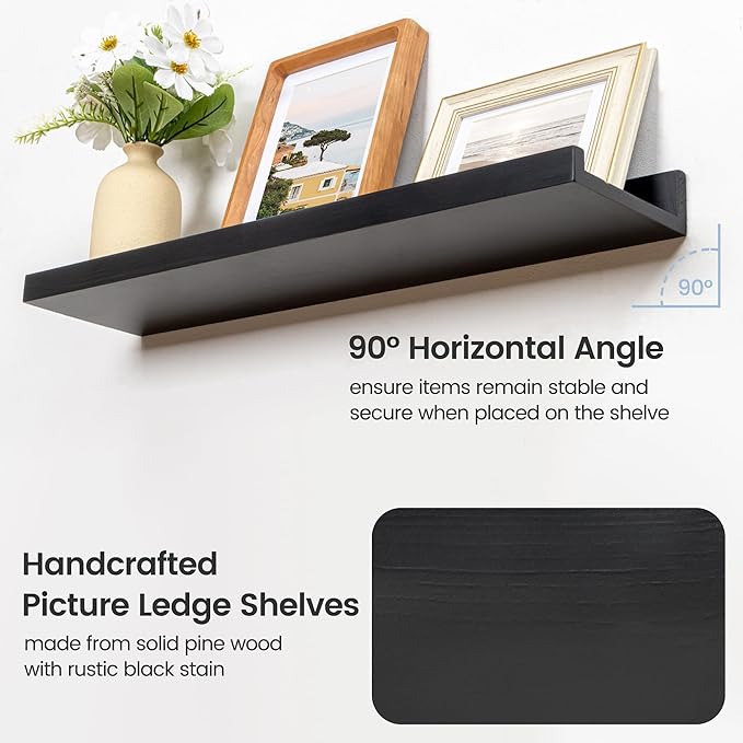 Picture Ledge Wall Shelves - 36 Inch Width Set of 3, Solid Pine Wood Rustic Floating Ledge Shelves for Kids' Room, Bedroom, Kitchen, Bathroom, Living Room, Nursery Display Wall Decor, Black