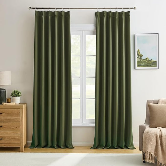 KEQIAOSUOCAI Dark Olive Green Blackout Curtains 102 Inches Long, Christmas Home Decoration Pinch Pleated Room Darkening Drapes for Bedroom Living Room,40" W x 102" L,2 Panels