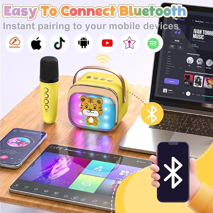 FLUESTON Mini Karaoke Machine for Kids Adults, Portable Bluetooth Speaker with 2 Wireless Microphones, Birthday Kids Gifts Toys for Girls Ages 3, 4, 5, 6, 7, 8, 9,10,11,12+ Years Old