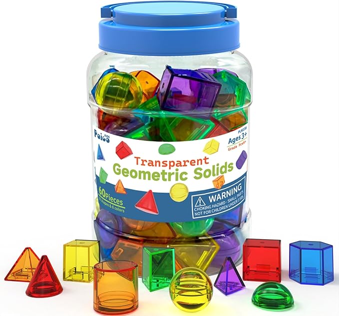 3D Geometric Solids 60 Pcs for Kids Translucent Geometric Shapes for Geometry Beginnings,Light Table Manipulatives Toy Math Helper School Supplies