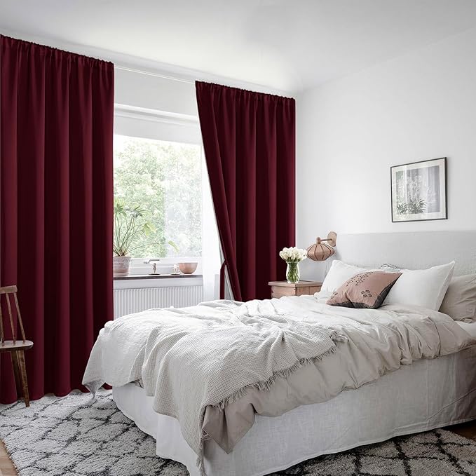 XWZO 100% Blackout Curtains with Tiebacks- 2 Thick Layers Completely Shaded Window Treatment，Rod Pocket Thermal Insulated Lined Drapes for Bedroom/Patio Door, Burgundy, W42 x L84, Set of 2 Panels