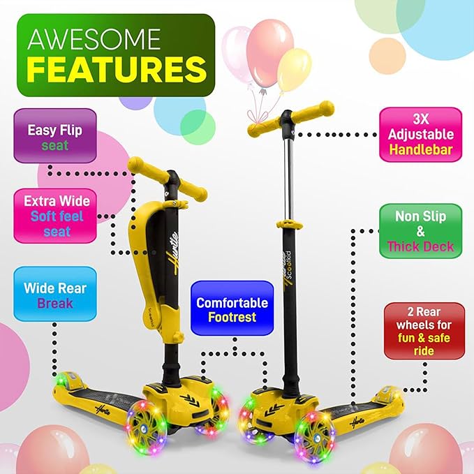 Hurtle 3-Wheeled Scooter for Kids - Wheel LED Lights, Adjustable Lean-to-Steer Handlebar, and Foldable Seat - Sit or Stand Ride with Brake for Boys and Girls Ages 1-14 Years Old