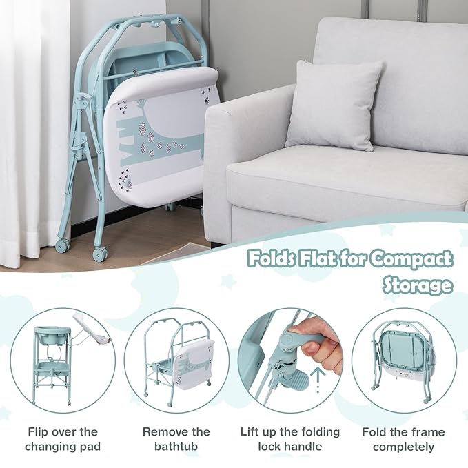HONEY JOY Baby Changing Table with Bathtub, Foldable Infant Diaper Changing Station with Wheels, Storage Tray, Waterproof Pad, Portable Newborn Nursery Organizer Bath Stand for Boys Girls (Blue)