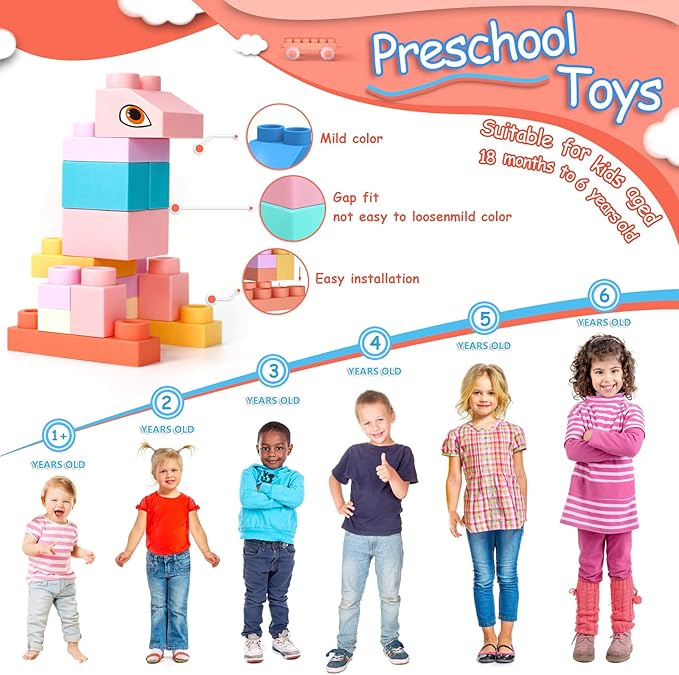 Top STEM Soft Building Block Sets for Kids Aged 18 months to 6 years old.Mega Building Blocks for preschool.Large Construction Block Toys for Toddler to Improve Imagination、Creativity、Hands-on Ability