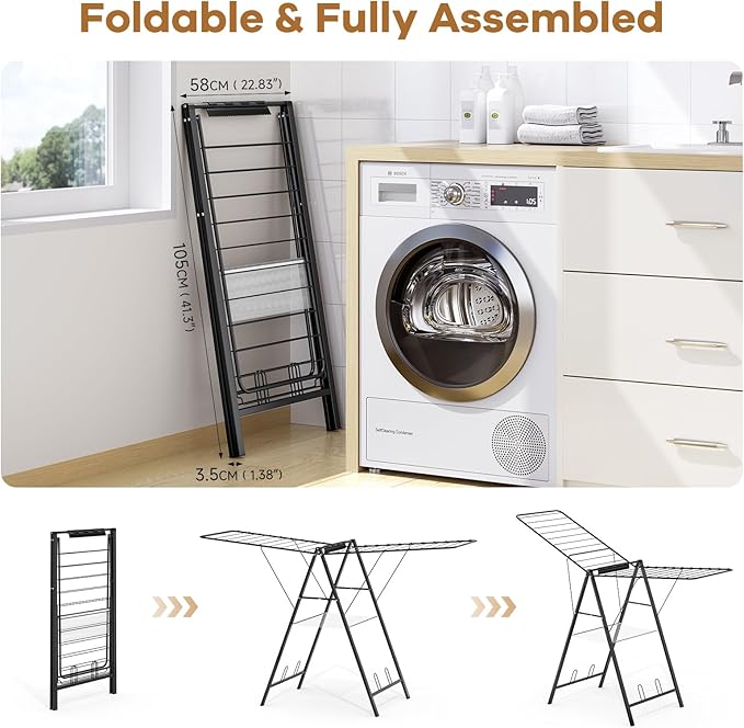APEXCHASER Clothes Drying Rack Foldable, Metal Laundry Drying Rack with Height Adjustable Rails, Ultra Thin Drying Rack Clothing Towel Sweater Shoe for Indoor Outdoor, Gullwing Clothes Airer, Black