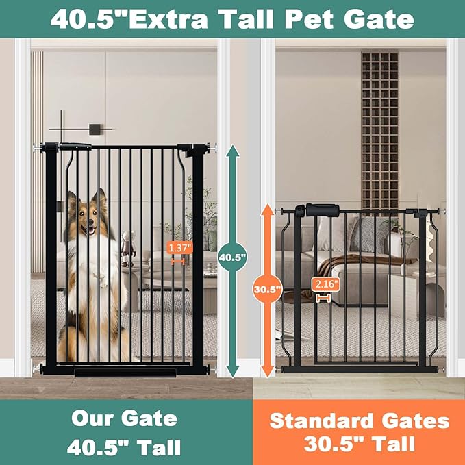 40.5" Extra Tall Baby Gate, 29.6"-32.5" Extra Wide Dog Pet Gate Pressure Mounted, Puppy Dog Proof Indoor Barrier, No Drill Safety Child Gate for Stairs 1.37" Narrow Space Metal Black Gate