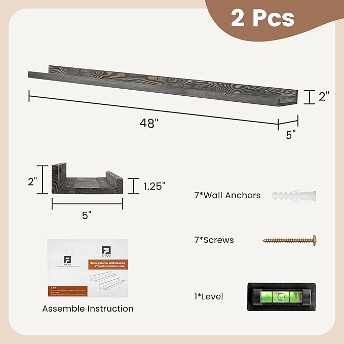 48 Inch Long Floating Shelves for Wall, Solid Pine Wood Picture Ledge Shelves with Lips, Nursery Book Shelves for Toys Storage Living Room Bedroom Photo Frames (2 Pcs, Grey)