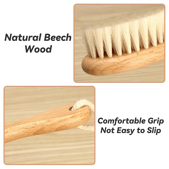 Baby Hair Brush and Comb Set, 2pcs Wooden Natural Goat Bristles Brush+ Blue Comb+ White Cradle Cap Brush Grooming Kit for Newborns Toddlers Boys Girls