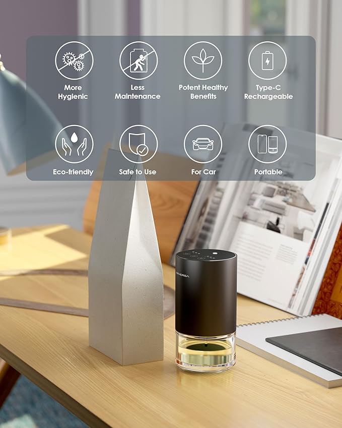 Essential Oil Diffuser Waterless Aromatherapy Diffusers for Home Large Room, Bedroom, Car, Office, Desk, Battery Operated, Small Diffuser for Pure Scent, 100mL Capacity, AN9 (Black)