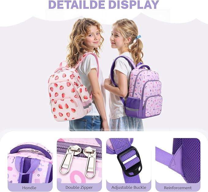 mygreen 3PCS Kids Backpack Set - Waterproof Bookbag with Lunch Box for Girls Ages 3-12, Adorable Cartoon Prints for School & Outdoor Use Pink Fairy Elf