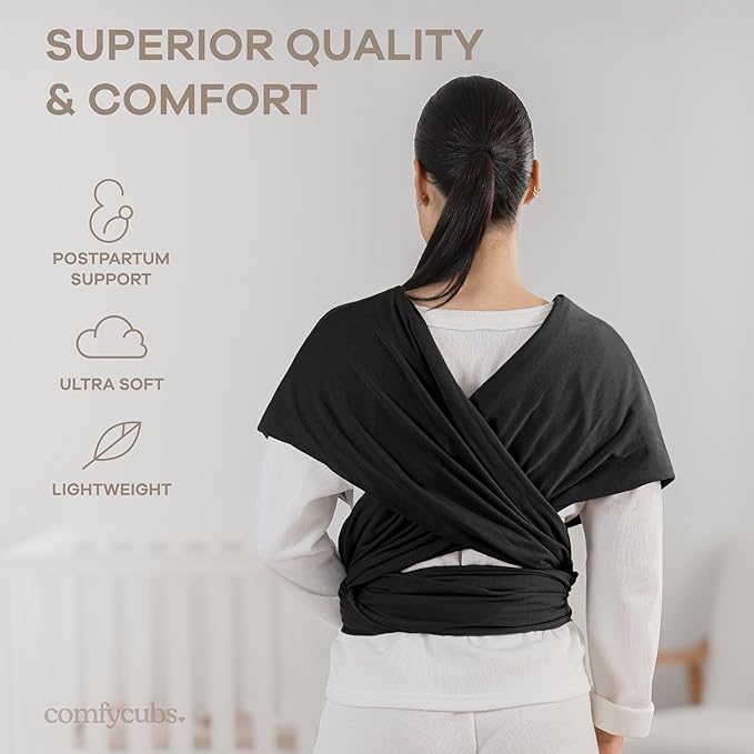 Comfy Cubs Baby Wrap Carrier - Soft & Secure Fit Cotton Blend Baby Carrier Newborn to Toddler - Hands-Free & Lightweight Infant Wrap - Adjustable, One Size Fits All Toddler Sling - Black