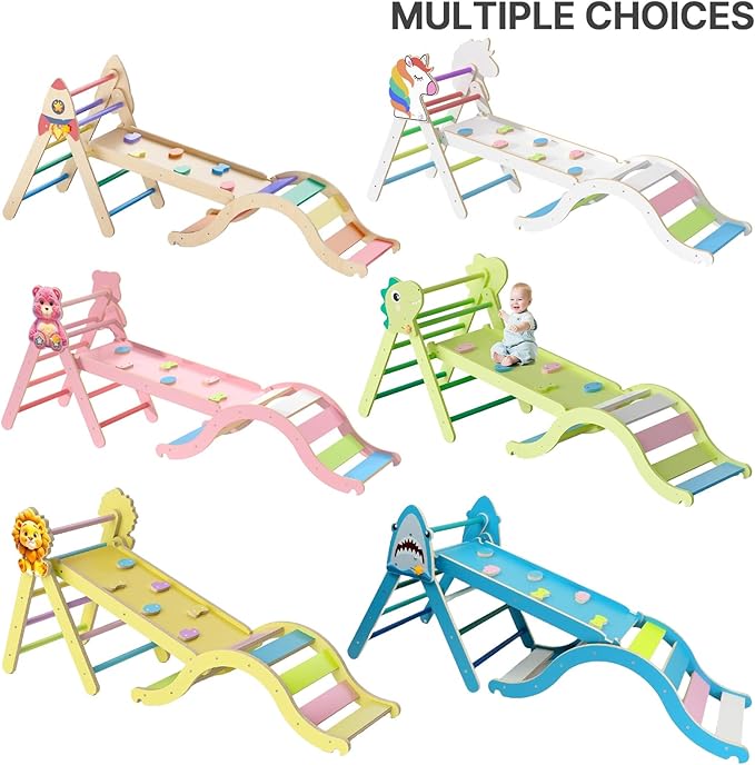 Pikler Triangle Set with Cushion, 9-in-1 Kids Climbing Toys for Toddlers 1-3 Inside, Montessori Toddler Climbing Toys Indoor, Large Wooden Pikler Triangle Climbing Set Baby Playground for Children