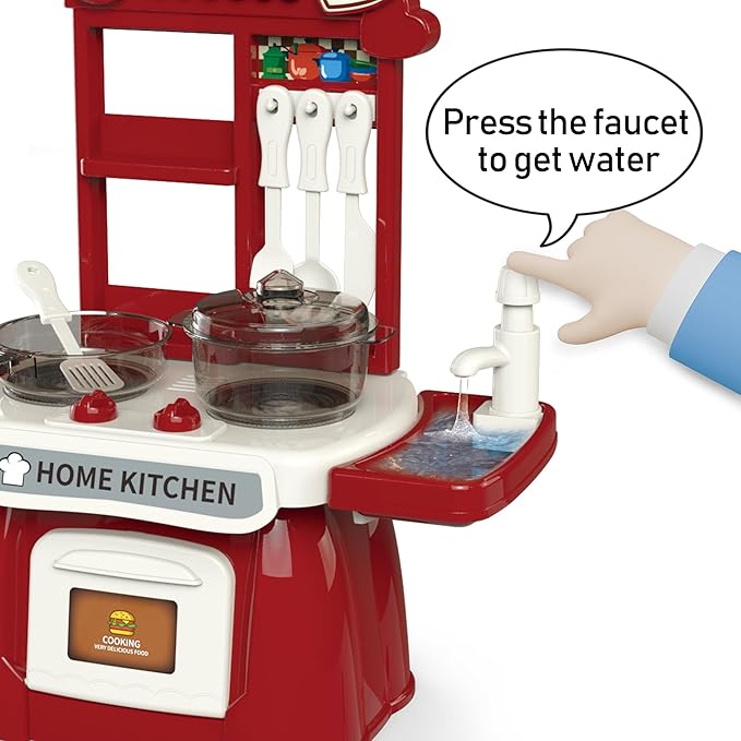 Kitchen Set for Toddler with Sound and Light，Pretend Cooking Food Set,Kids Kitchen Playset，Play Sink with Running Water and Electronic Induction Stove，Kitchen Accessories (red Kitchen and More Food)