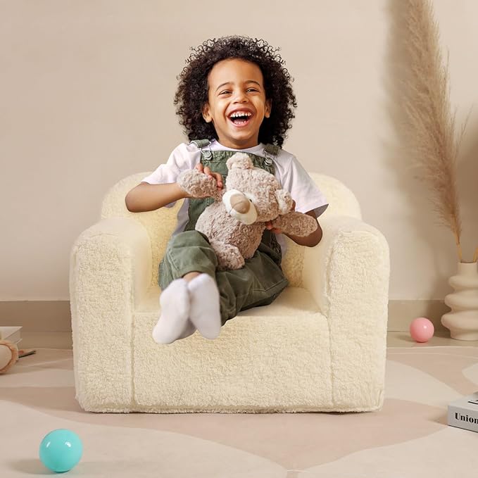 Kids Snuggly-Soft Sherpa Chair, Cuddly Toddler Foam Chair for Boys and Girls, Cream