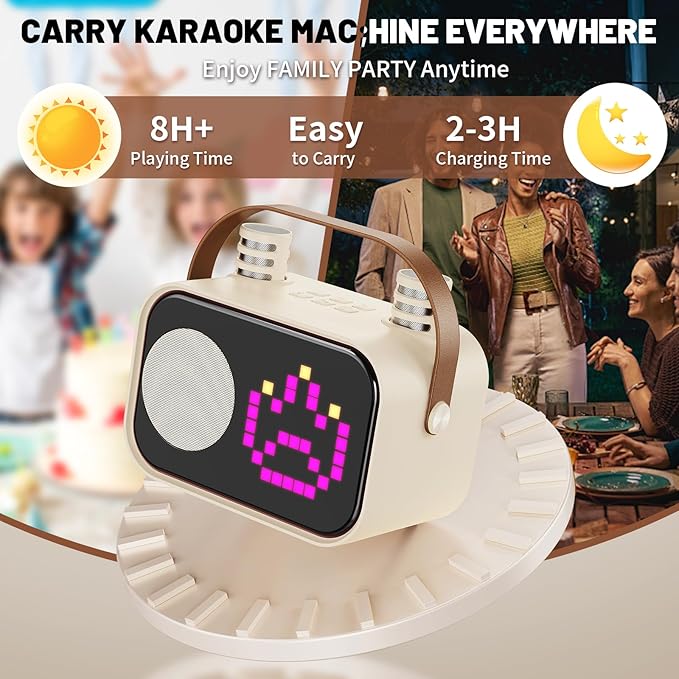 Karaoke Machine for Kids Adults, Portable Bluetooth Karaoke Speaker with 2 Wireless Microphones, Pixel Display Light, Birthday Gifts Toys for Girls & Boys Ages 3, 4, 5, 6, 7, 8, 9,10,11,12+ Years